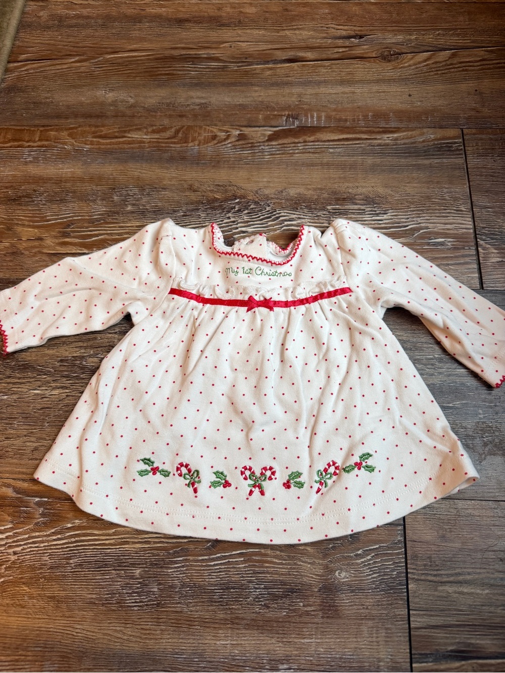 Little Me Cream Pajama Top with Red Polka Dots and Holiday Embroidery